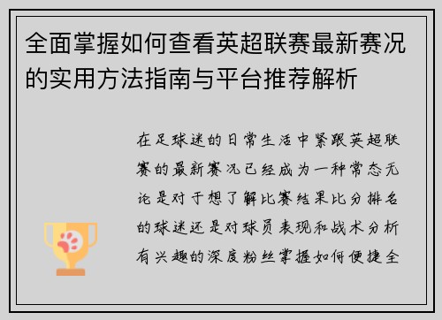 全面掌握如何查看英超联赛最新赛况的实用方法指南与平台推荐解析
