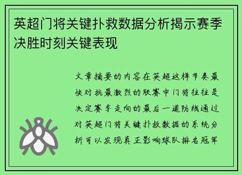 英超门将关键扑救数据分析揭示赛季决胜时刻关键表现 英超门将关键扑救数据分析揭示赛季决胜时刻关键表现